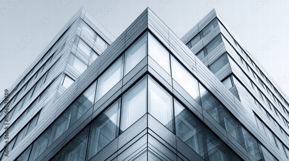 Poster the sleek, modern building design features sharp angles and reflective glass, creating an impressive