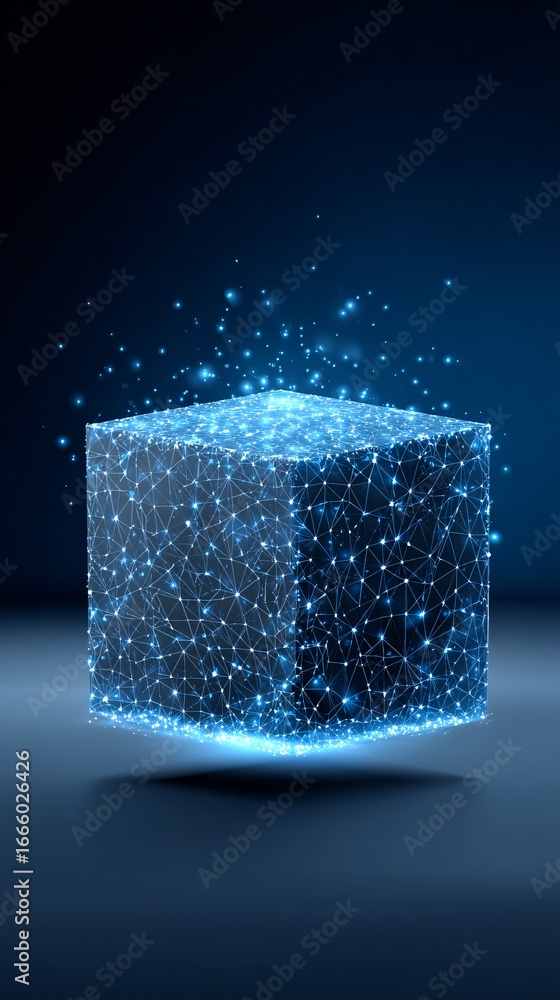 Poster abstract glowing data cube symbolizing artificial intelligence, floating on gradient surface, copysp