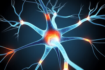 3d medical illustration of a neuron cell with glowing synapses axon and dendrites showing neural network communication electrical transmission and brain activity for neuroscience study
