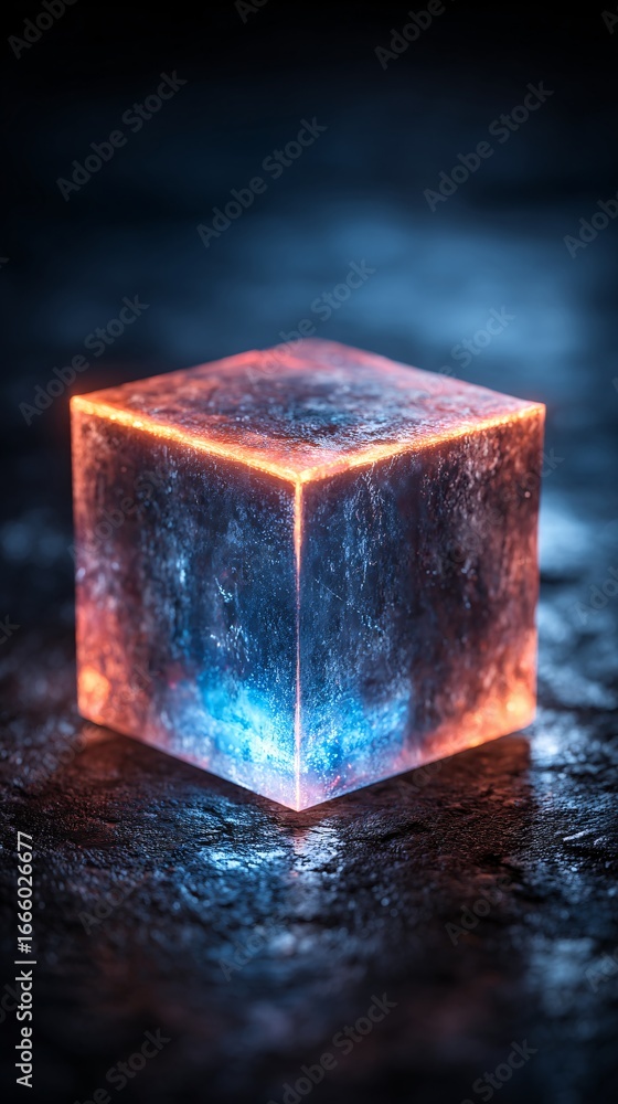 Poster abstract glowing data cube symbolizing artificial intelligence, floating on gradient surface, copysp