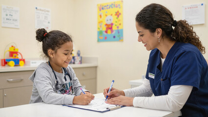 Nurse helping young girl with writing task in classroom