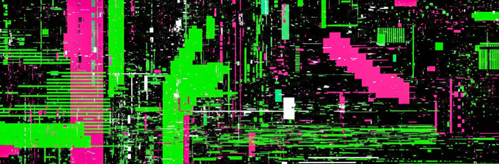 Abstract digital glitch background with futuristic cyberpunk pattern. Technology error concept with neon green and pink pixel noise. Damaged computer screen texture
