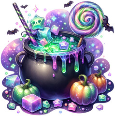 Magical Halloween cauldron overflows with glowing candy, stars, and pastel goo.
Perfect for seasonal merch, kids' party invites, or fantasy-themed content.