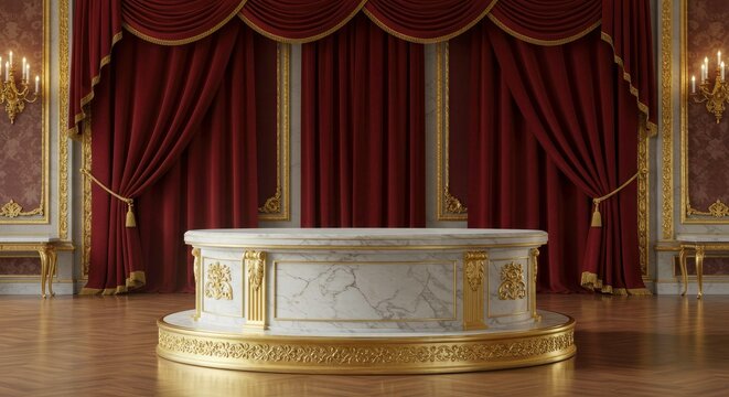 Elegant marble stage with red curtains in grand hall