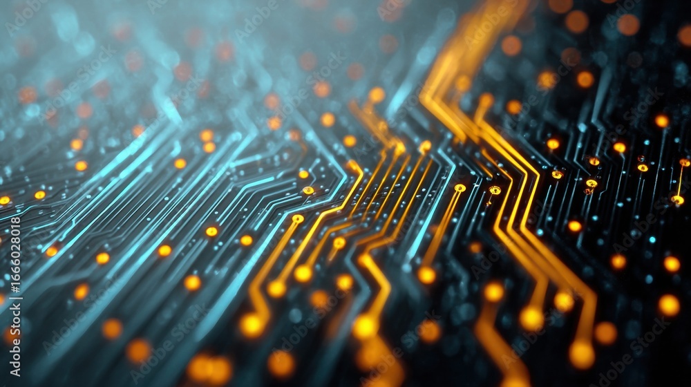 Poster a detailed macro view of a glowing circuit board, illustrating technology and data.