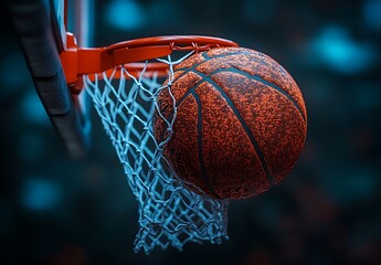 Fototapeta premium Orange basketball sinking into white net on orange hoop sport