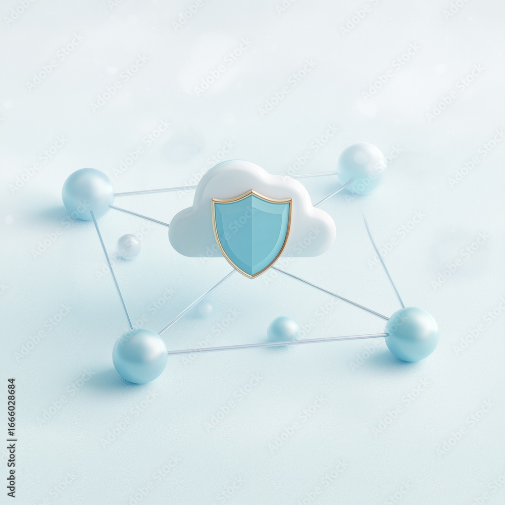 Poster cloud security network: a pristine digital cloud icon, adorned with a shield, positioned within a mo