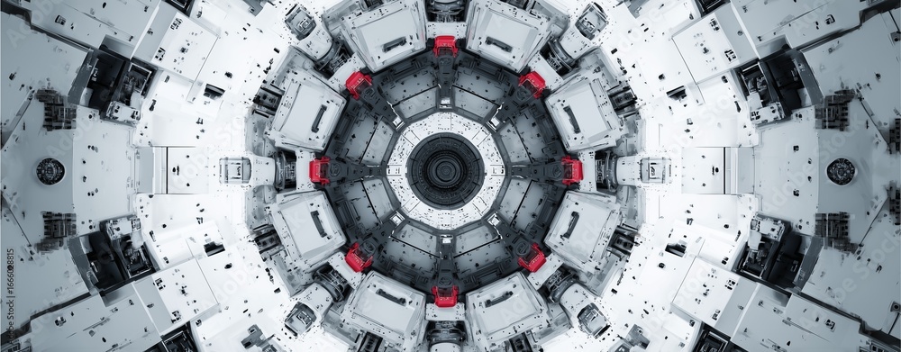 Poster futuristic geometric design: a mesmerizing, symmetrical design, featuring complex structures with a 