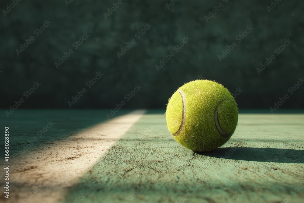 Poster tennis ball resting on a court surface with shadows creating a captivating effect in the background 