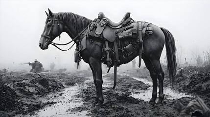 War Horse In Muddy Field Black And White