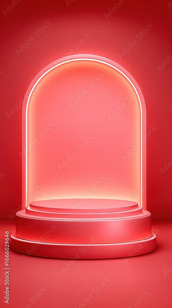 Poster a sleek red podium and glowing arch create an inviting space for showcasing products.
