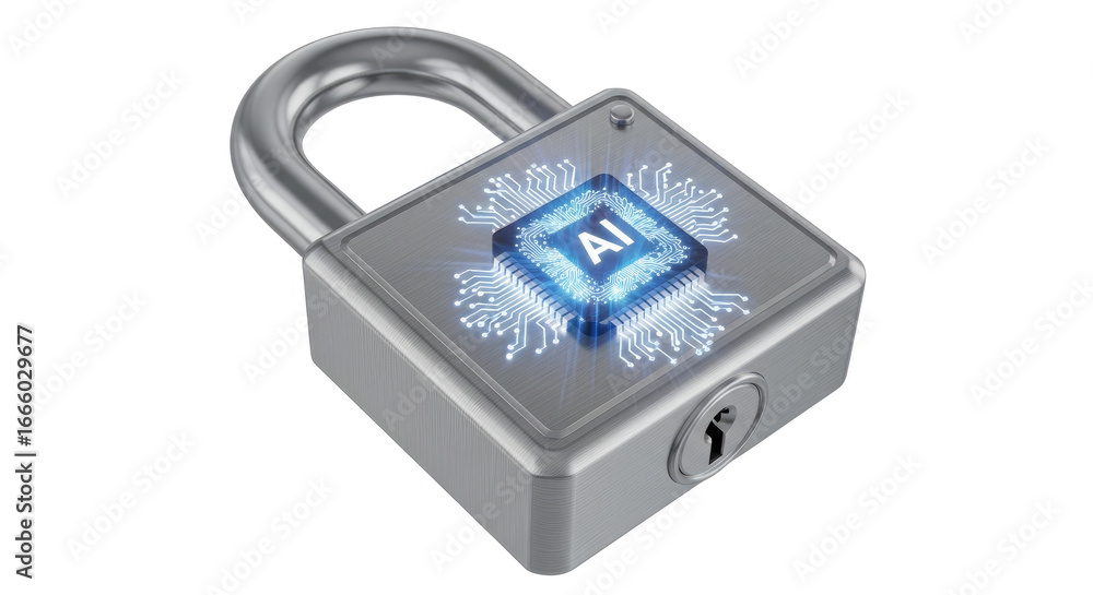 Poster a silver padlock with an ai chip on its face isolated on a white background in the studio