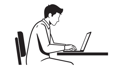 A man in a collared shirt sits at a desk, focused on typing on a laptop computer, with his back to the viewer.