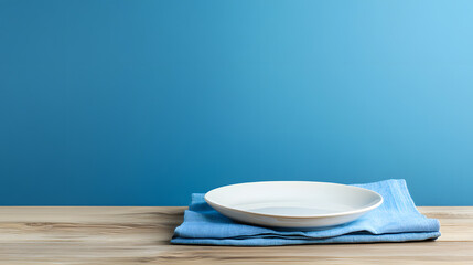 Empty white plates on blue napkins on a wooden table with a blue wall background. Food presentation mockup background illustration.