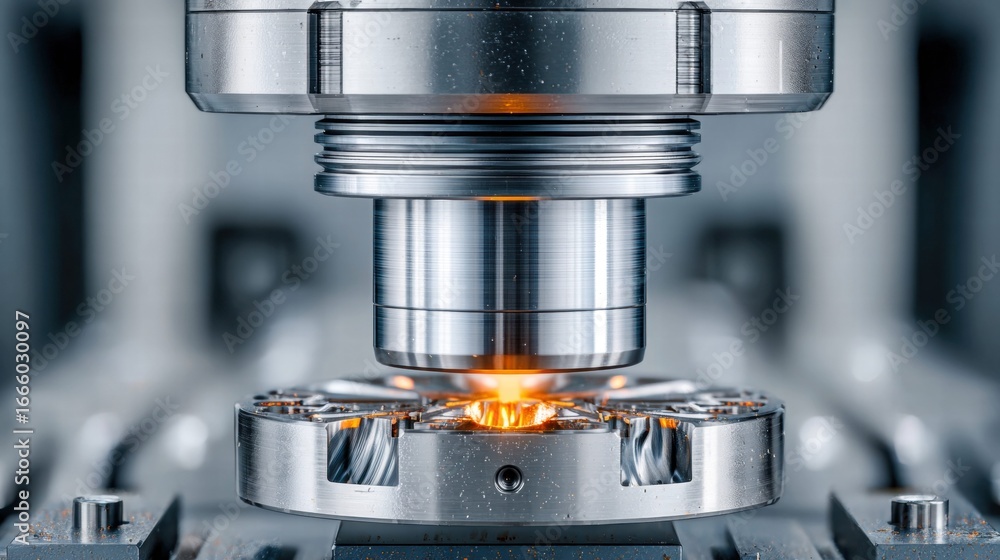 Poster a close-up of a cnc machine meticulously shaping a metal component with sparks flying.