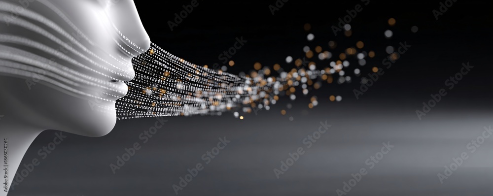 Poster minimal abstract digital head with flowing binary code, ai and analysis concept, copyspace