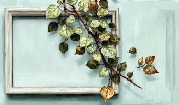 A branch with green and brown leaves emerges from an empty white frame on a soft blue wall, with a few leaves detached.