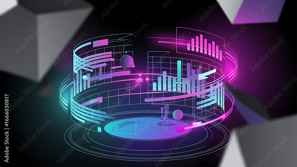 Poster dynamic futuristic data visualization with glowing lines and vibrant color gradients for business