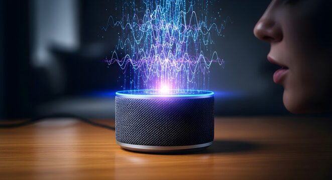 Close-up of a smart speaker with a futuristic, audio visualization display, a woman listening intently.