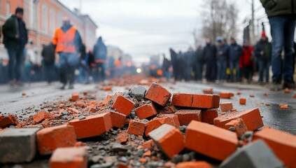 Broken bricks litter a city street after a protest, with blurred figures of demonstrators in the background