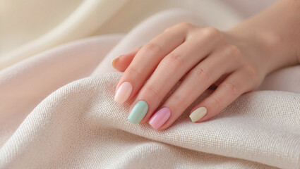 Fototapeta premium Hand with mint and nude pastel nails on soft fabric background
