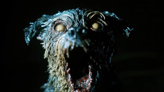 Zombie dog with glowing eyes and open mouth creates spooky eerie atmosphere in dark setting evoking horror with decayed fur perfect for haunting horror themes and Halloween decoration close up image