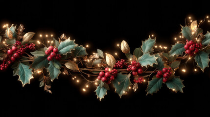 Festive garland with holly leaves, red berries, and glowing lights on black background