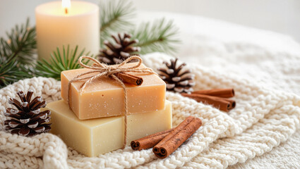 Cinnamon handmade soap bars with candle and pine branches