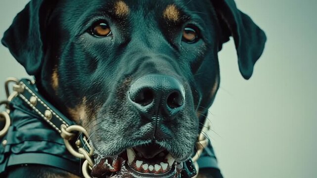 Close up of fierce dog with strong jaw and sharp teeth showing intense expression like zombie in dark tones closeup aggressive pet animal with open mouth and threatening gaze
