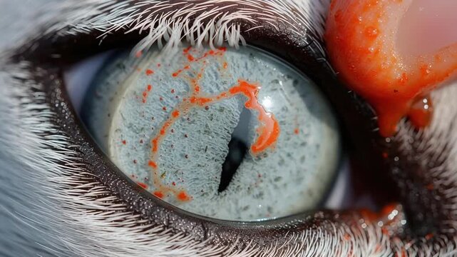 Close up dog eye with detailed fur texture and red splatter resembling zombie blood near pupil creating intense eerie animal visual effect with chilling orange substance dripping