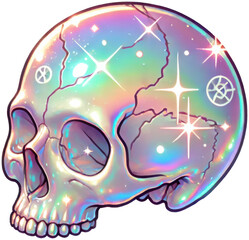 Shiny pastel skull with cosmic sparkles and magical aura. Great for Halloween graphics, digital stickers, and alternative designs.