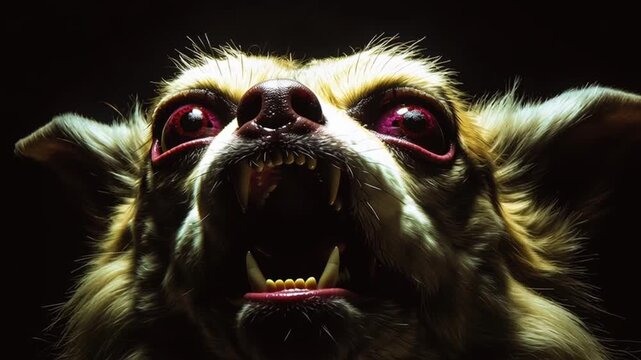 Fierce zombie dog creature with glowing red eyes snarls aggressively in dark horror scene showing sharp teeth wild fur intense scary animal expression evoking fear and terror close up shot