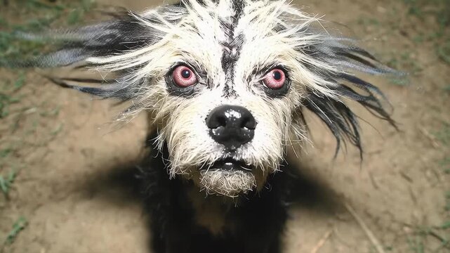 Zombie dog with wild fur and intense red eyes stares hauntingly in eerie close up shot, creating frightening nightmare atmosphere of scary undead monster fantasy fiction outdoors