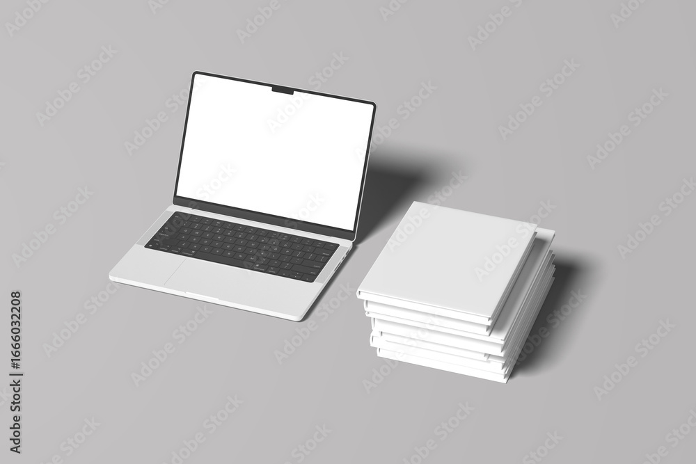Poster front view of modern laptop with blank screen, with open magazine with blank page on light woodern i