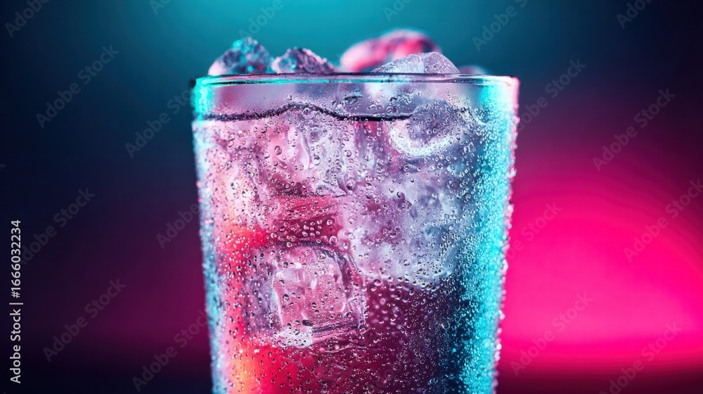 Poster close-up of a refreshing drink with ice cubes, illuminated by neon lights, creating a vibrant and co