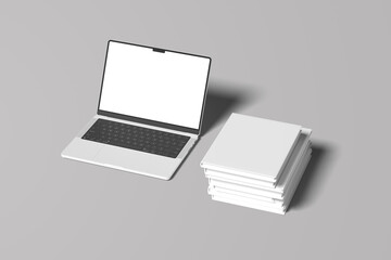 Front view of modern laptop with blank screen, with Open magazine with blank page on light woodern...