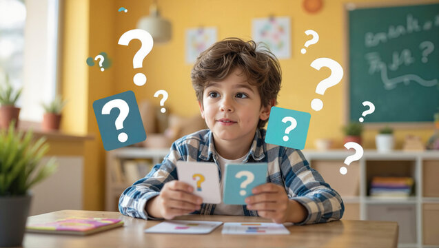 Puzzled schoolboy surrounded by question marks in classroom - Powered by Adobe