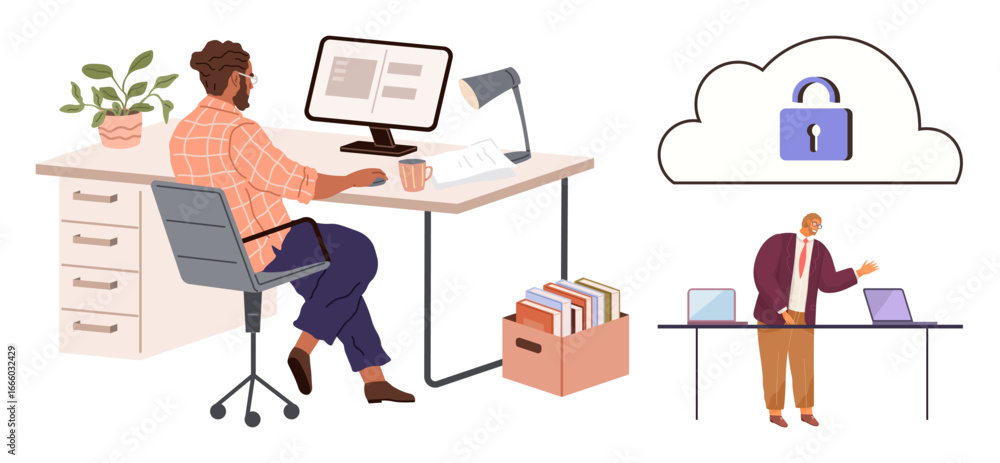 Poster man working at desk with computer, while cloud with lock and presenter with laptops emphasize secure