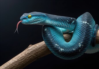 Fototapeta premium Striking Blue Viper with Yellow Eyes and Flicking Tongue