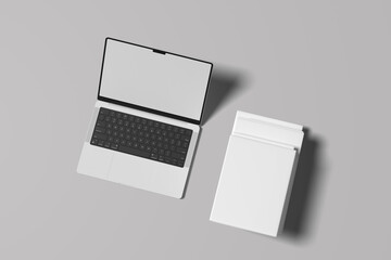 laptops from different angles isolated on white background. Realistic Laptop silver color mockup with blank screen display, with Blank portrait A4, US-Letter, brochure magazine isolated on gray backg