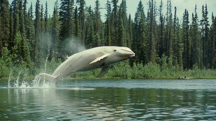 Obraz premium Majestic whale breaching in glowing bioluminescent ocean waves under a starry night sky