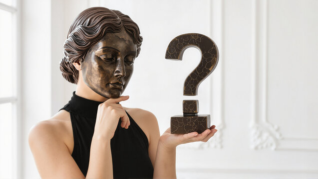 Artistic statue holding question mark in modern gallery - Powered by Adobe