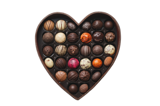 Assortment of gourmet chocolates in a heart shaped box isolated on transparent background. Heart shaped box of assorted chocolates an elegant heart shaped box filled isolated on white background. - Powered by Adobe