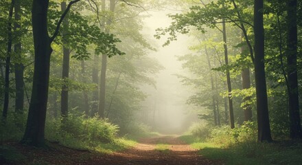 Obraz premium Sunbeams pierce through the misty forest canopy, illuminating a dewy path. Ai generate, Ai generative