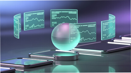 Futuristic technology concept with data analysis displayed on holographic interface screens
