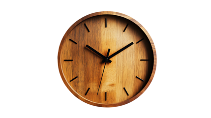 Wooden minimalist wall clock with markers isolated on transparent background
