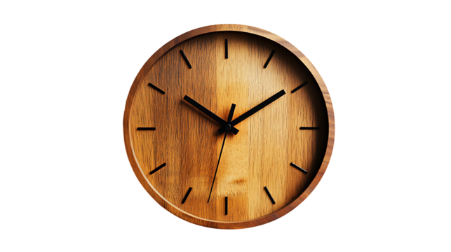 Wooden minimalist wall clock with markers isolated on transparent background