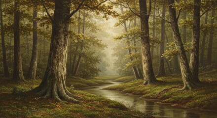 Obraz premium Sunbeams pierce through the misty forest canopy, illuminating a dewy path. Ai generate, Ai generative