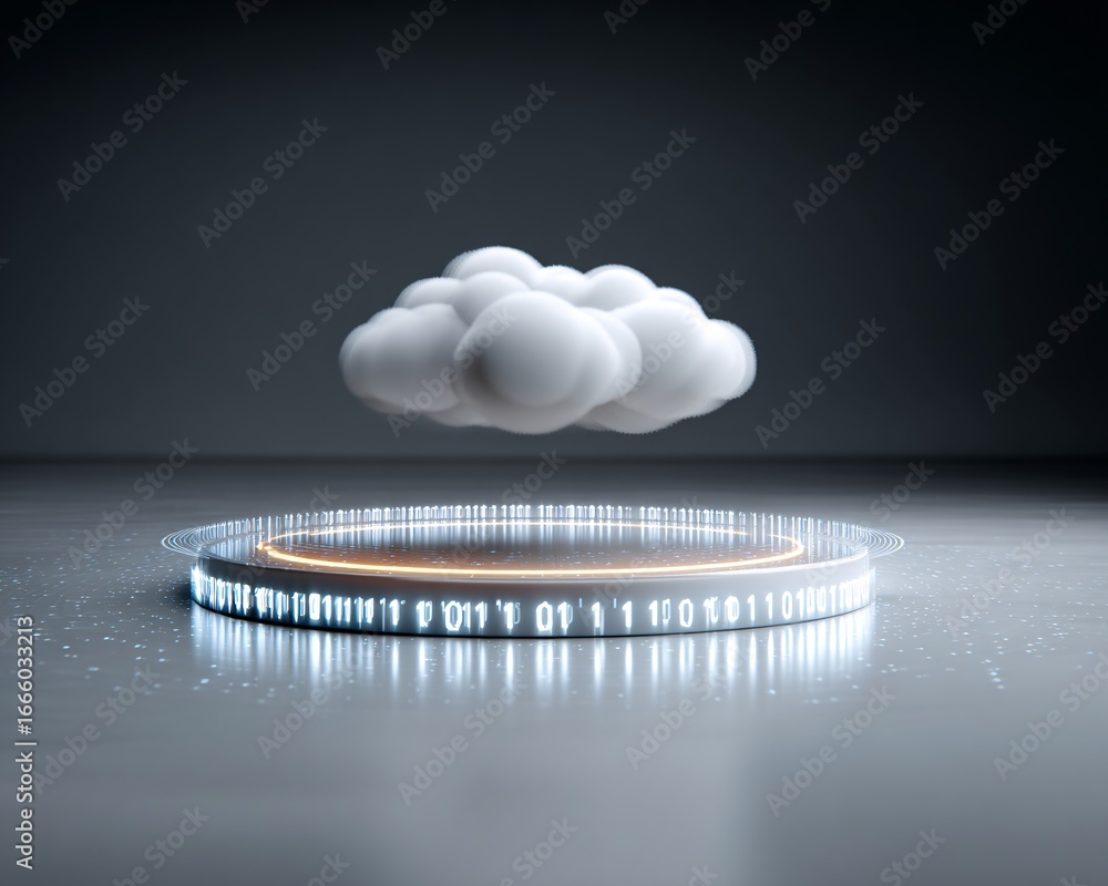 Aufkleber digital abstract hologram of ai cloud computing surrounded by glowing binary data, minimal backgroun