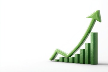 Green arrow ascends above rising bar graph